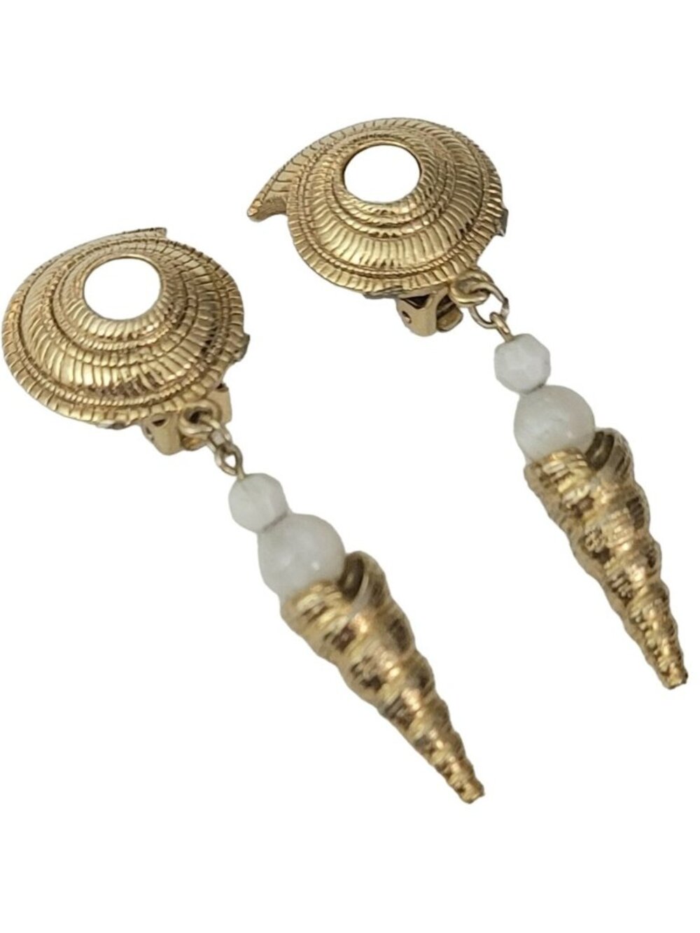 1928 Jewelry Gold Tone Sea Shell Dangle Clip On Earrings